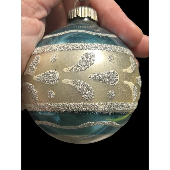 Vintage Blue Shiny Brite Hand Painted Silver Glitter Glass Christmas Ornament 3" - Picture 6 of 6